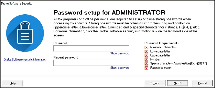 Image of password setup window.